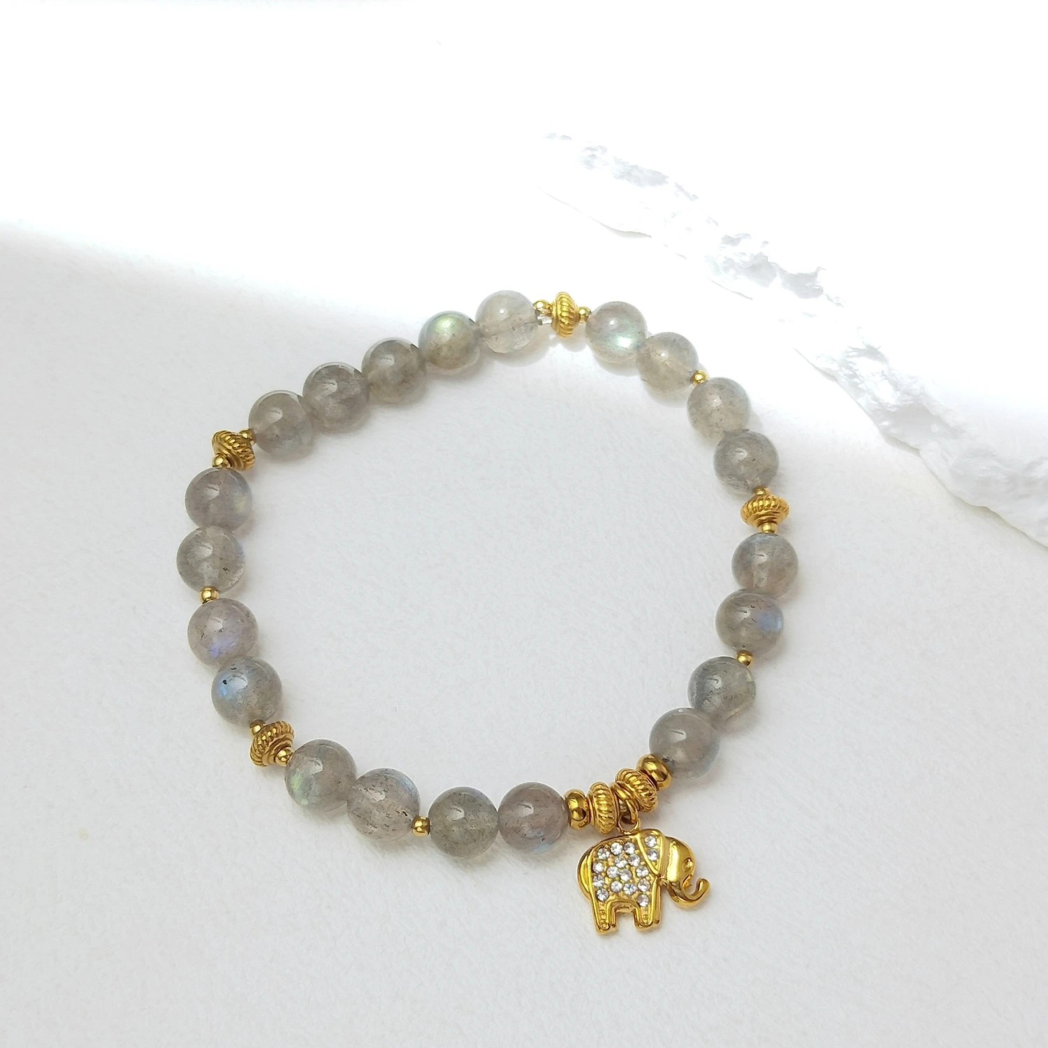 Lii Ji Natural Stone Labradorite 6/8mm With Crystal Stainless Steel Elastic Bracelet