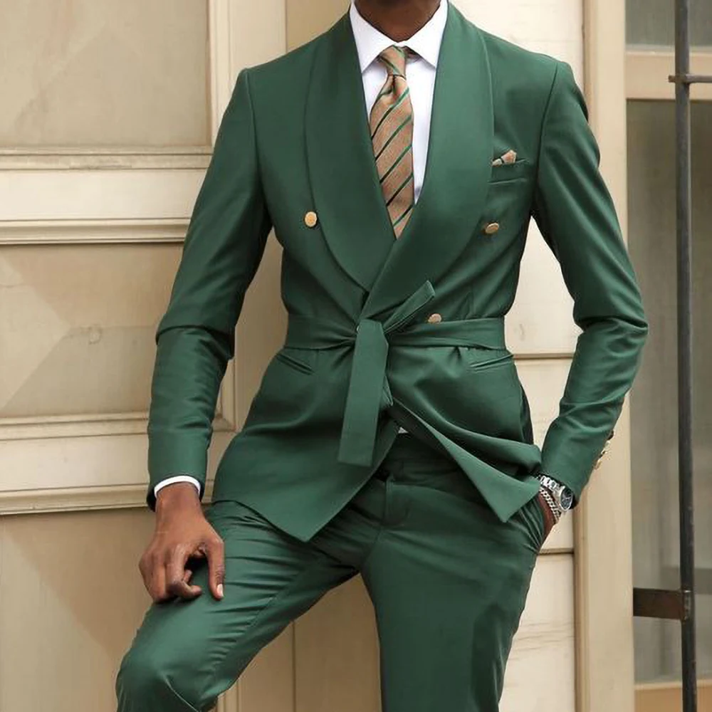 

Green Men Suits High Quality Slim Fit 2 Piece Fashion Shawl Lapel Double Breasted Male Blazer Casual Wedding Prom Waist Suit