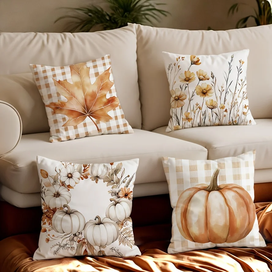 Four Piece Autumn Fall Seasonal Throw Pillow Covers Pumpkin Leaf Floral Harvest Decor Rustic Farmhouse Cottagecore Boho Home
