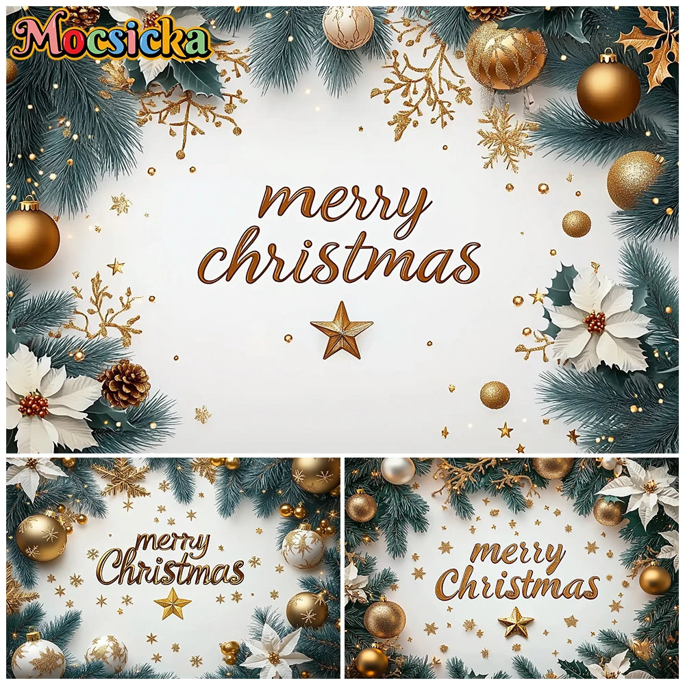 

Mocsicka Green Gold Merry Christmas Photography Backdrop Pine Garland Ornaments Poinsettia Backgrounds Family Party Photo Studio