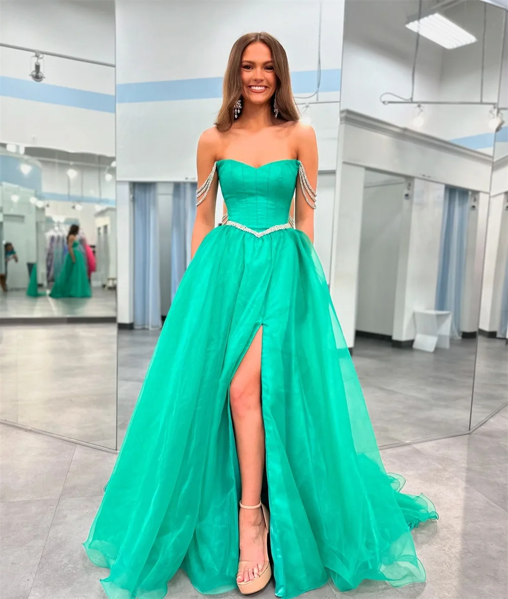 

Customized Sparkle Matching Organza Pleat Draped Rhinestone A-line Off-the-shoulder Long Dresses Prom Dresses High Quality Sizes