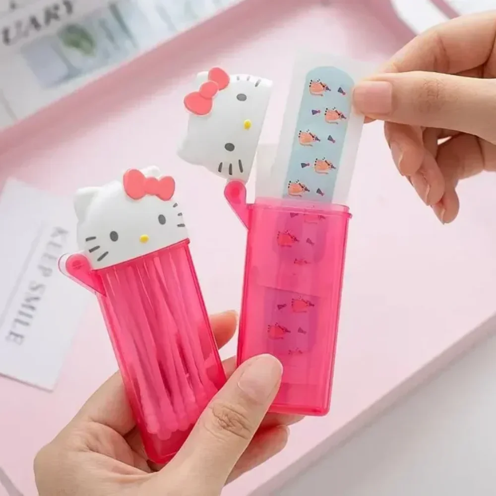 Kawaii 헬로 키티 Sanrio 보관 상자 애니메이션 마이 멜로디 이쑤시개 화장품 면봉 보관 상자 휴대용 여행 미니 컨테이너 선물
