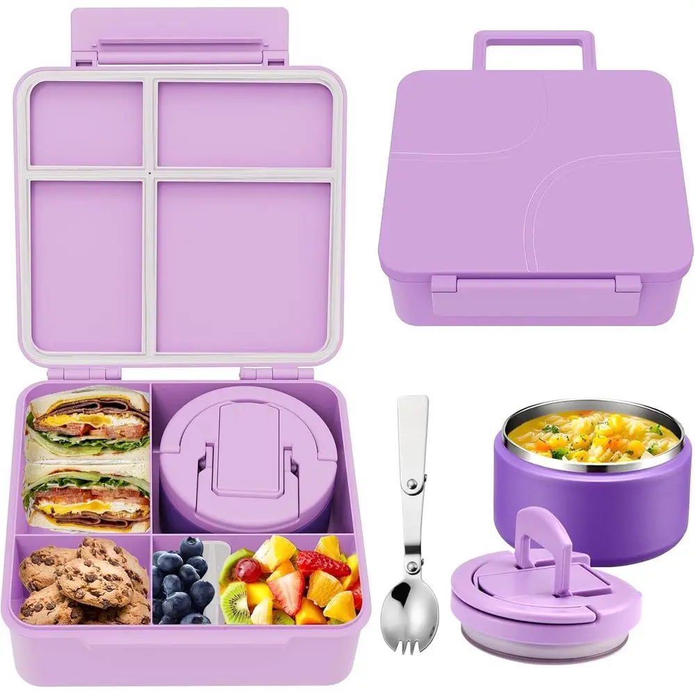 

Bento Lunch Box Set with 8 oz Soup Thermo, Leakproof Hot Food Container with 4 Compartments for Toddler Daycare Boys Girls Schoo
