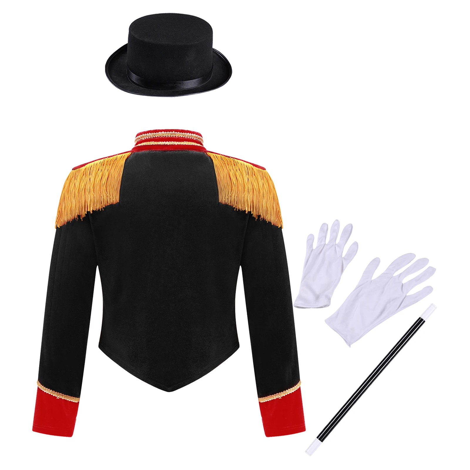 Kids Girls Circus Ringmaster Costume Set Magician Long Sleeve Tassel Jacket Coat with Hat Magic Wand Halloween Cosplay Dress Up