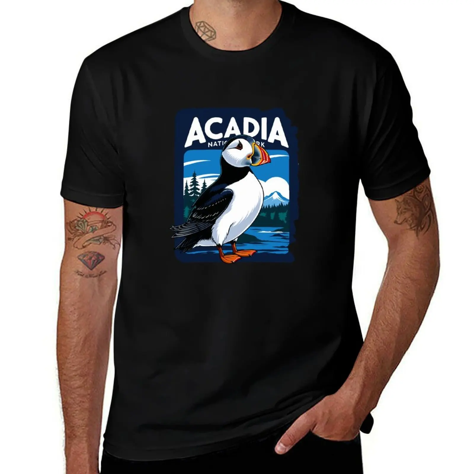 Acadia National Park Puffin Vintage Maine T-Shirt Soft Casual Short Sleeve Cotton Tee
