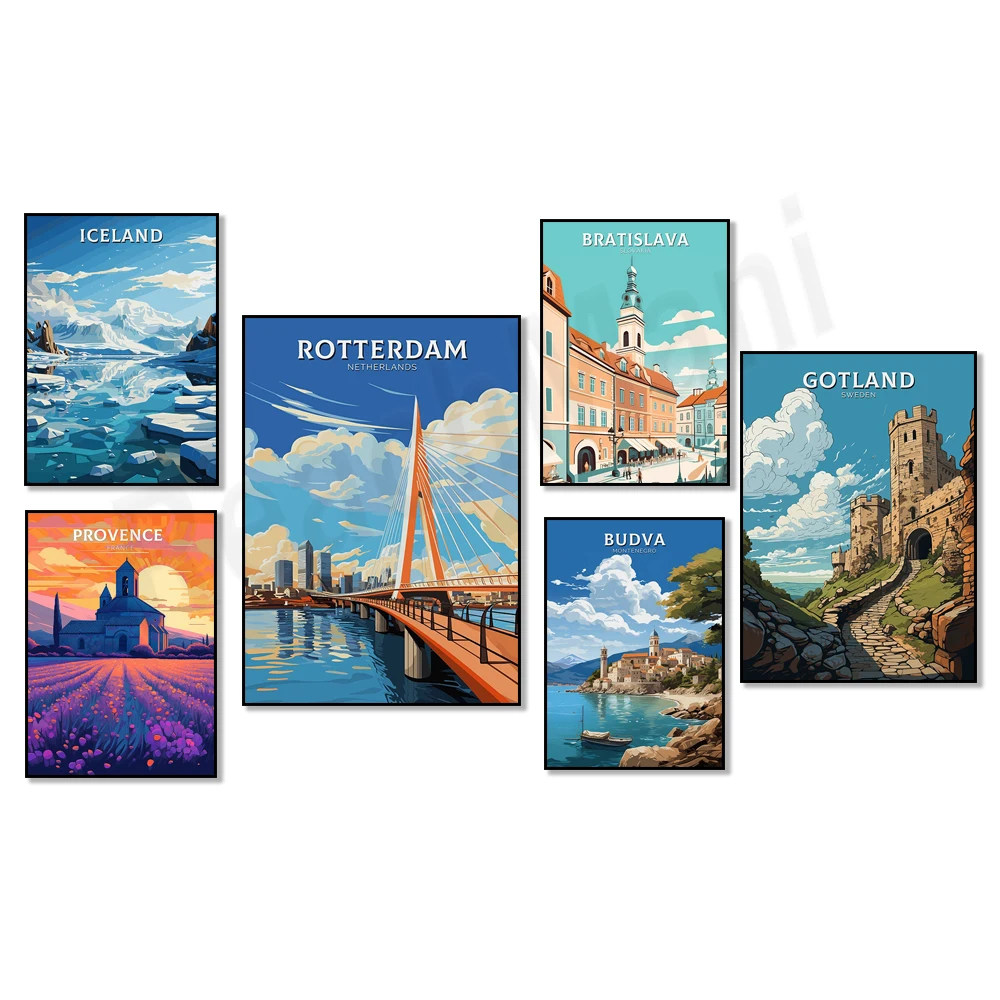 Budva, Provence, Bratislava, Stockholm, Gotland, Jukkasjarvi, Abisko, Jungfrau Switzerland, The Hague Netherlands travel poster