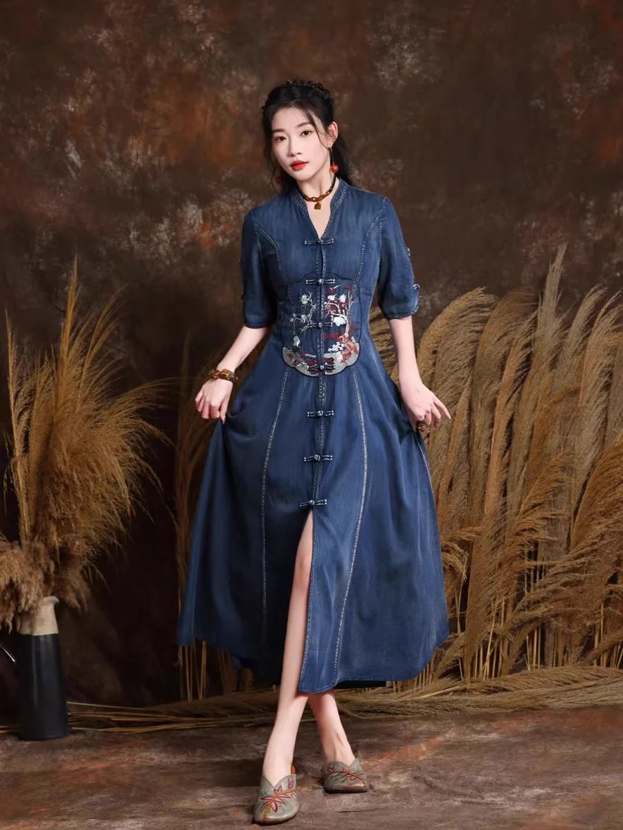 

TIYIHAILEY Women Denim Dresses Long Mid-Calf Summer Short Sleeve Embroidery Chinese Single Breasted Vintage 2024 New Fashion