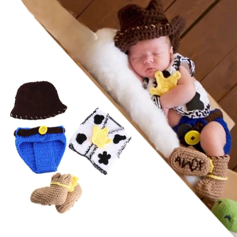 

Newborn Photography Props Infant Toy Story Sheriff Set Cowboy Hat Vest for Newborn Photography Crochet Acrylic