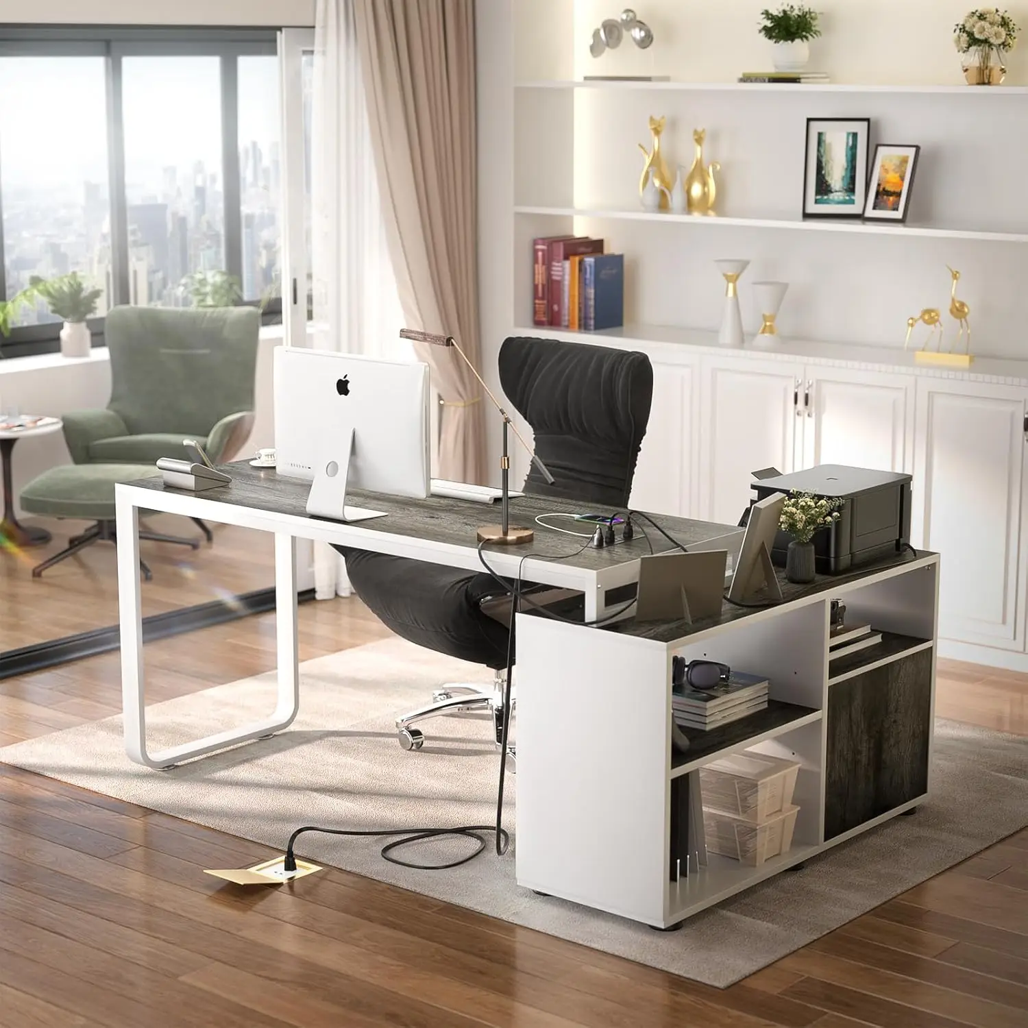 L Shaped Desk with File Cabinet & Power Outlet, Reversible 55 Inch Large Corner Computer Desks with LED Strip, L-Shaped Computer