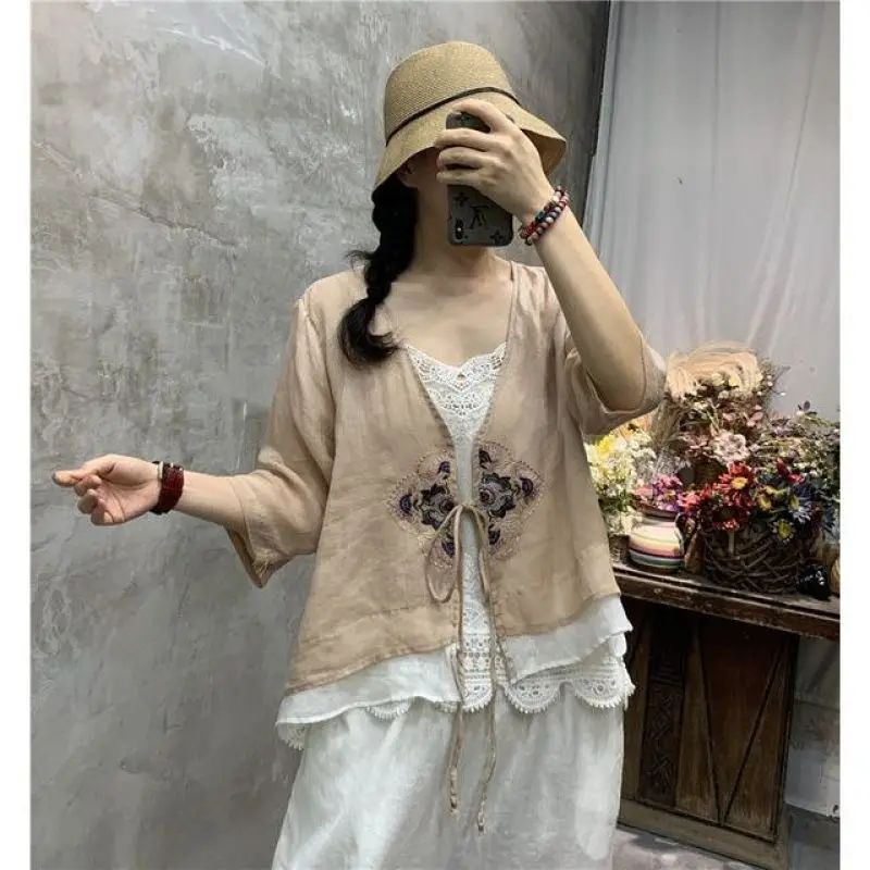 Summer Womens Cotton And Linen Embroidered Lace Up Cardigan Loose Top