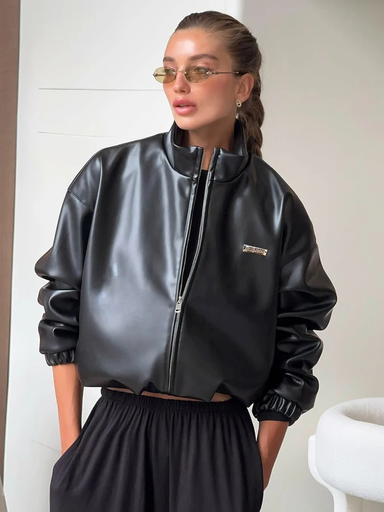 

Kliou Faux Leather Jacket Woman Autumn Trend Zip Cardigan Stand Collar Full Sleeve Daily Casual Fashion High Street Style Coats