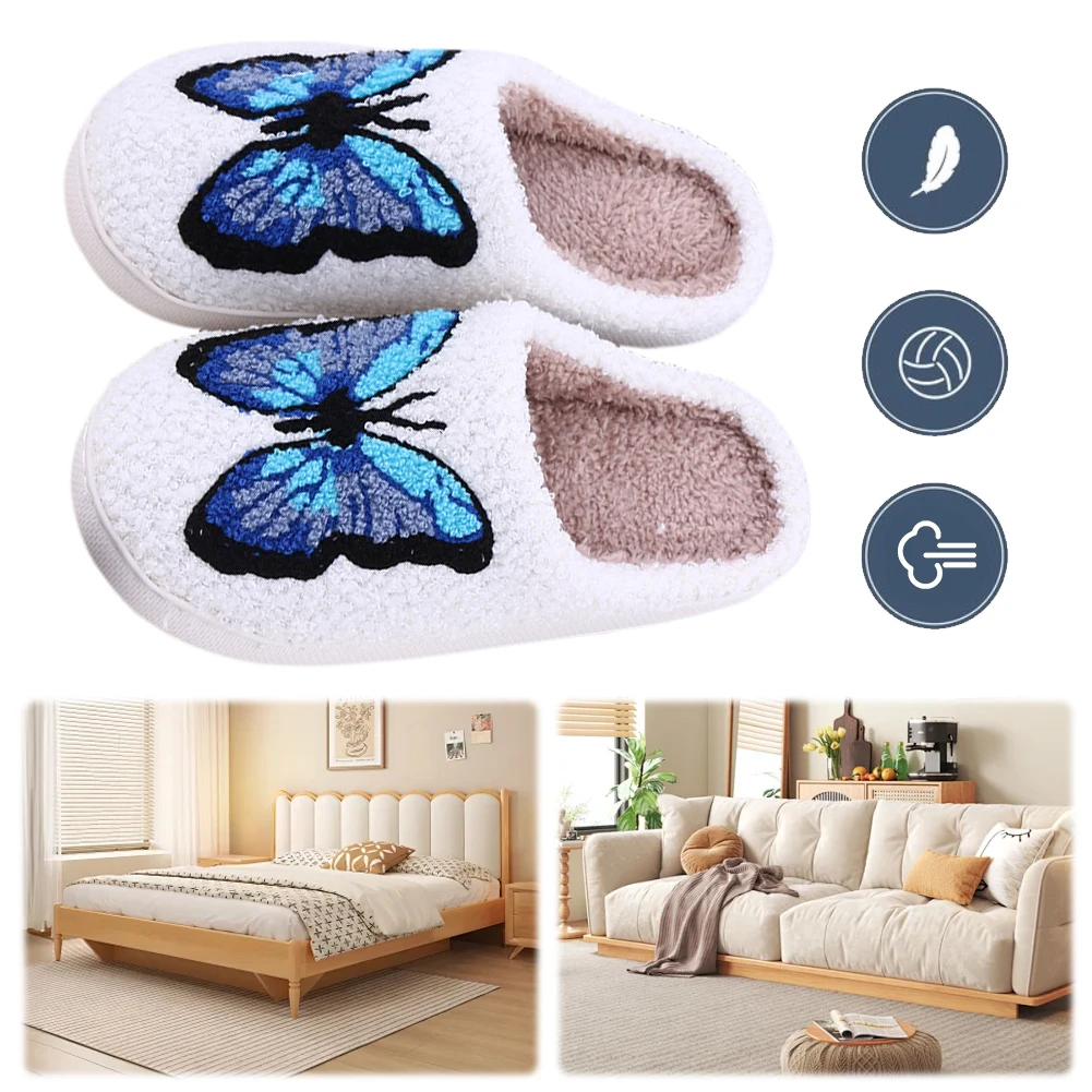 Plush Butterfly Slippers Flat Thermal Slippers Non Slip Soft Furry Slippers Comfortable Fluffy Butterfly Slippers for Men Women