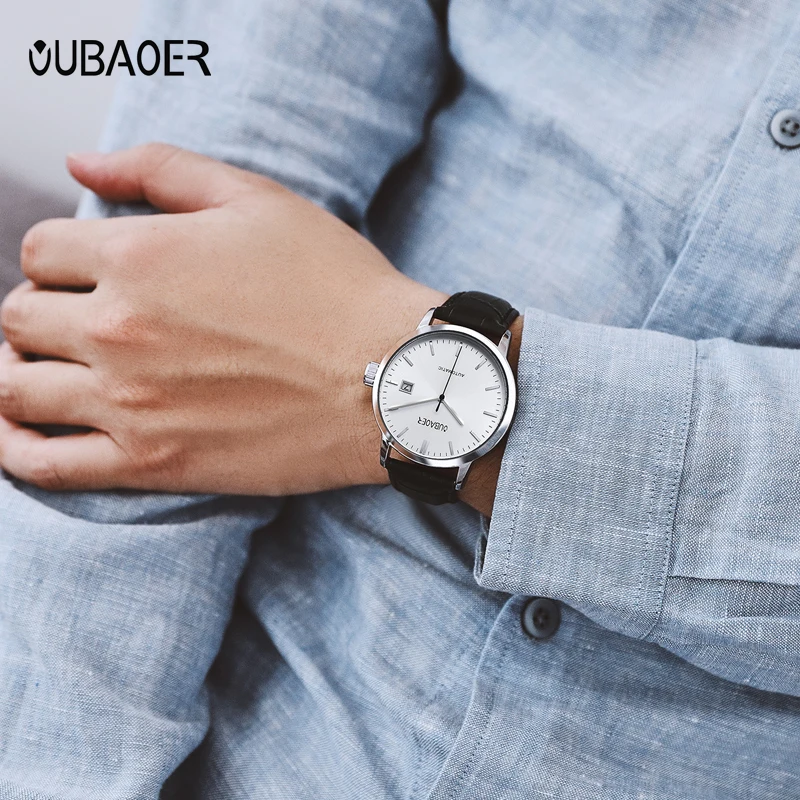 OUBAOER Men Watch Automatic Mechanical Male Bussiness Leather Strap Wristwatches Auto Date Waterproof Classic Minimalist Clocks