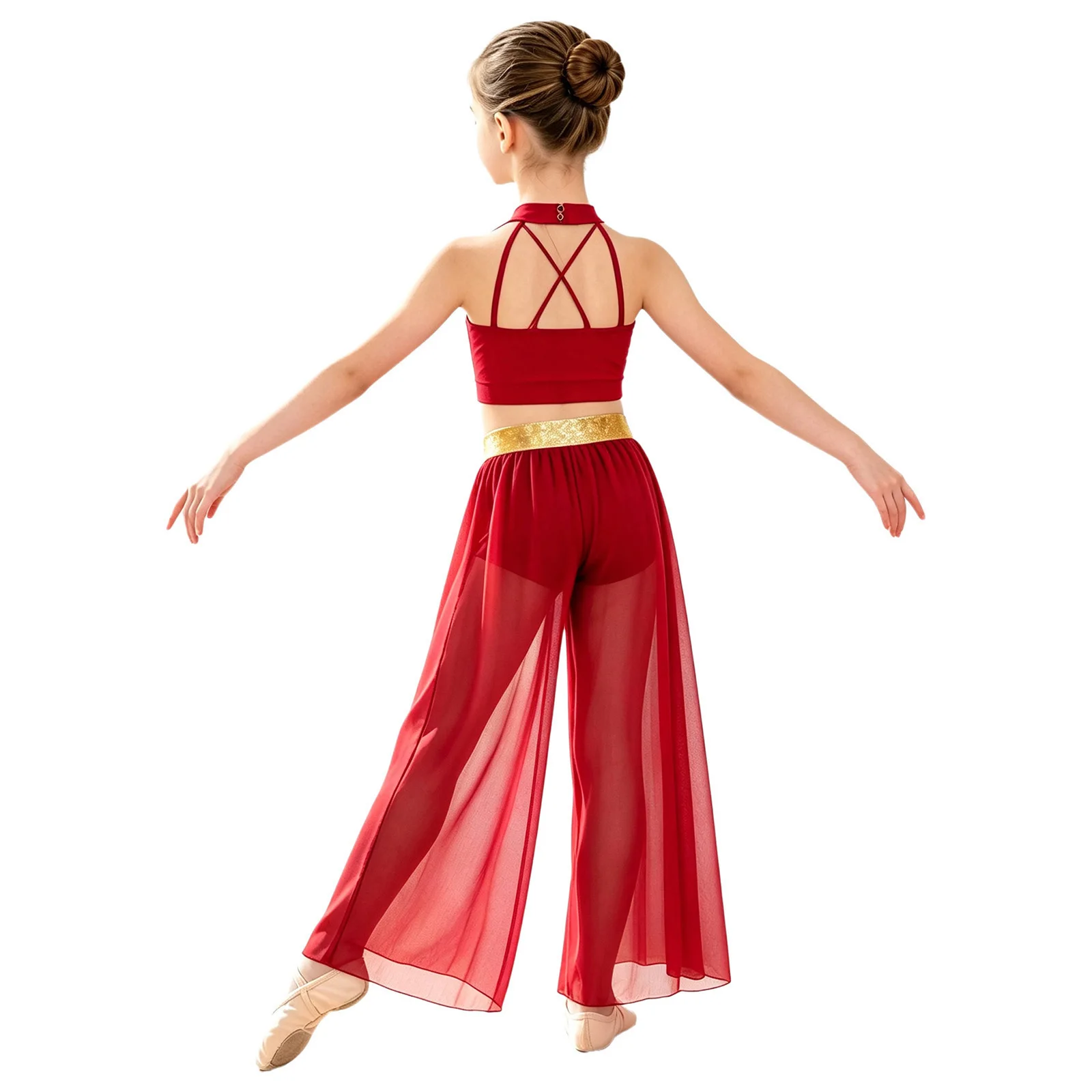 Kids Girls Lyrical Contemporary Dance Costume Cutout Shiny Crop Top with Mesh Tulle Pants for Ballet Gymnastics Figure Skating