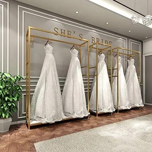 Gold Clothing Racks with Shelves, Weeding Dress Retail Clothes Rack,Freestanding Rack