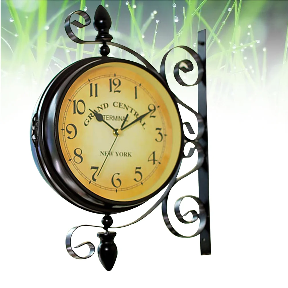 Silent Wall Clock Retro Hanging Clocks Double Sided European Style Train Station Two