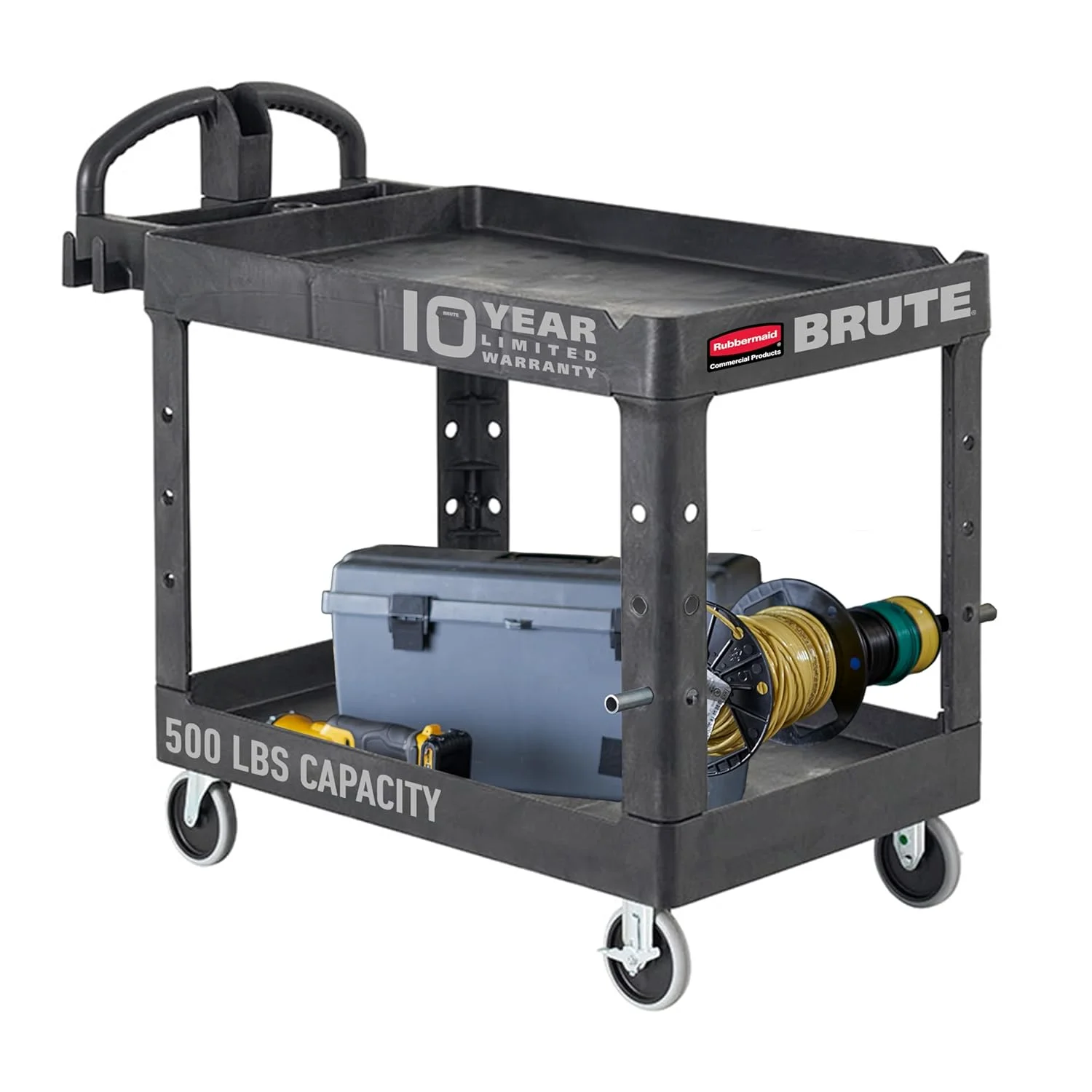2-Shelf Rolling Utility Cart, Medium Black, 500 Lbs Capacity, Ergonomic Handle for Warehouse Use