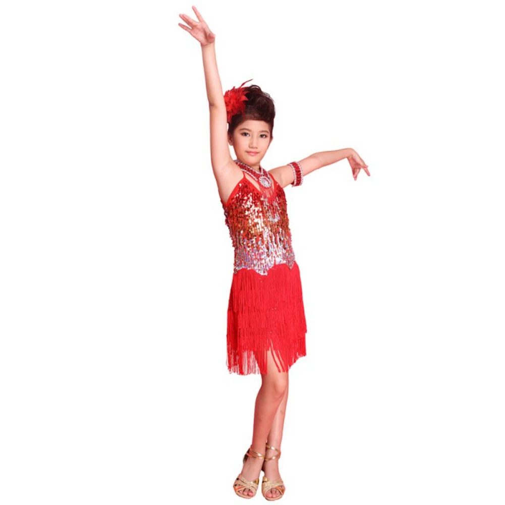 Girls\' Sequined Tassel Latin Ballroom Dance Dress Fashion Knee-Length Color Contrast Ballet Waltz Rumba Dancewear For 4-13 Years