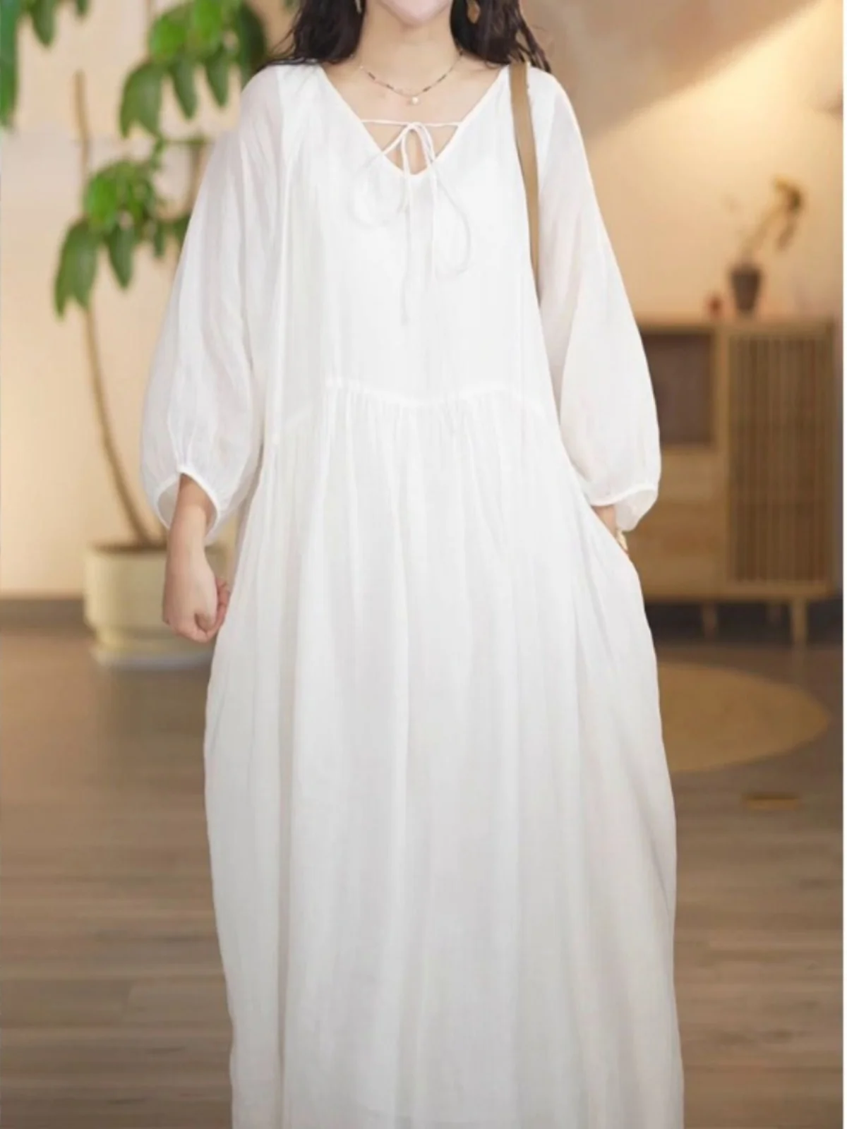 

Simple Linen White Dr Women's Early Autumn Loose Lantern Sve Cotton Linen Long Dr Artistic Forest System Lazy Sle