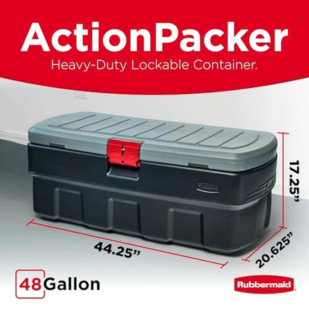 48 Gallon Black Action Packer Lockable Latch Indoor and Outdoor Storage Box Container for Home Garage Backyard Single