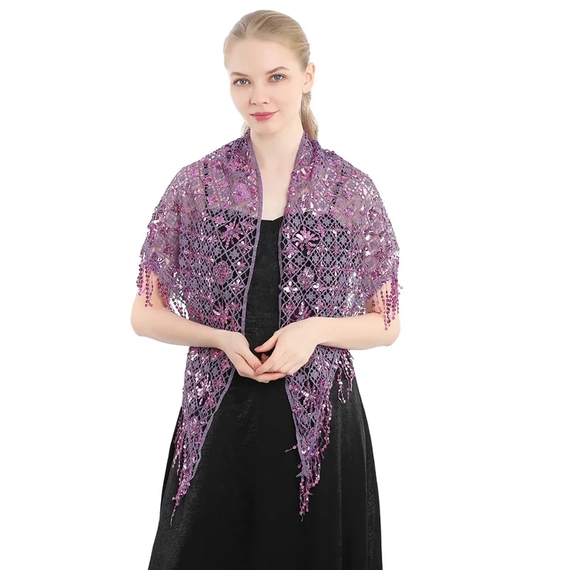 

Spring Autumn Style Sequin Tassel Scarf Sequin Cape Dinner Party Capes Women Tassel Cape Cloak Lady Ponchos Purple