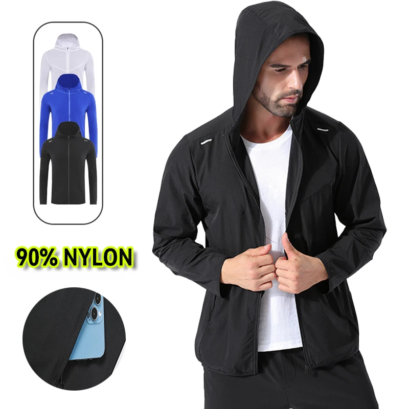 

(S-4XL) Куртка для бега с капюшоном и карманом на молнии для мужчин и женщин, эластичные спортивные топы Zero, осенне-зимняя спортивная толстовка, 90% нейлон