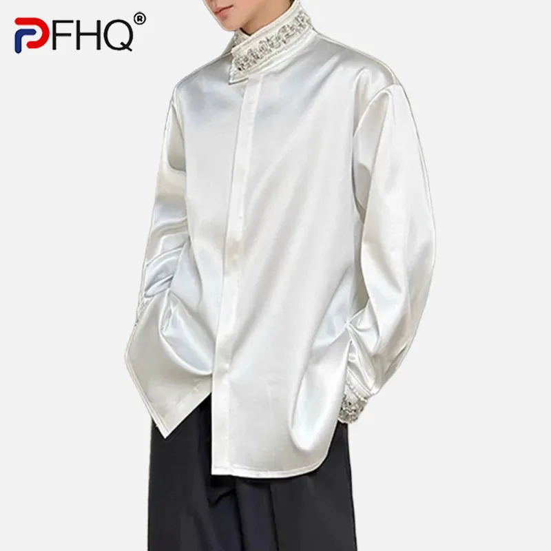 PFHQ Diamond Decoration Satin Long Sleeve Male Shirts Stand Collar Solid Color Single Breasted Men's Wear 2025 New Fashion9C7199