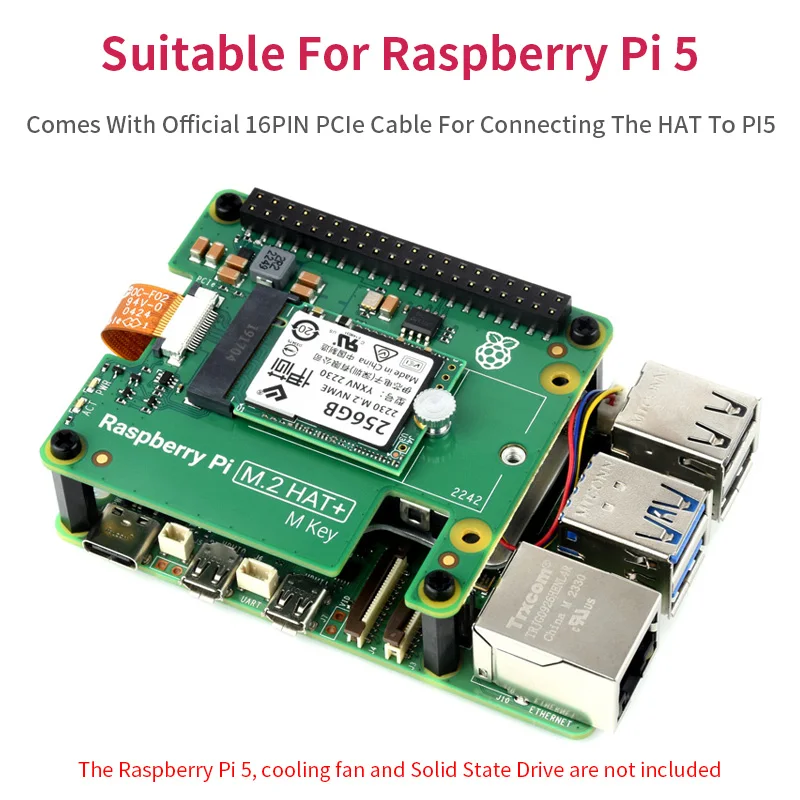 Raspberry Pi M.2 HAT + PCIe Para M.2 HAT Adaptador, Protocolo NVMe, Suporte de Unidade de Estado Sólido, Refrigerador Ativo para RPi 5, Oficial