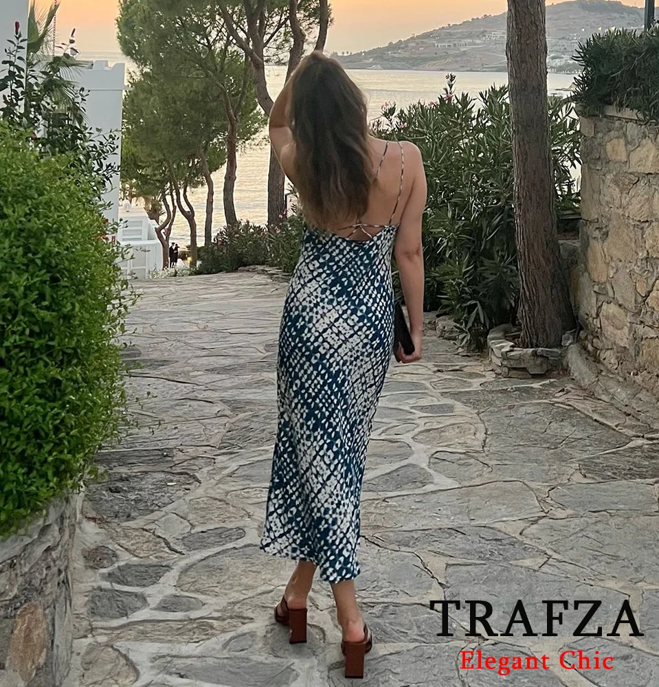 TRAFZA-Vestido casual feminino estampado, cinta de espaguete, sem encosto, sexy, magro, praia, feriado, moda verão, novo, 2024