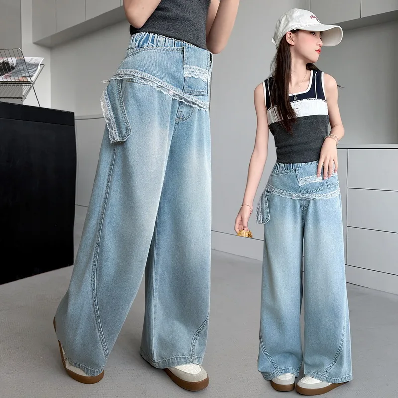 Children's New Wide Leg Jeans with Lace Belt For Teen Girls Popular High Waist Straight Denim Pants Kids Casual Summer Trousers