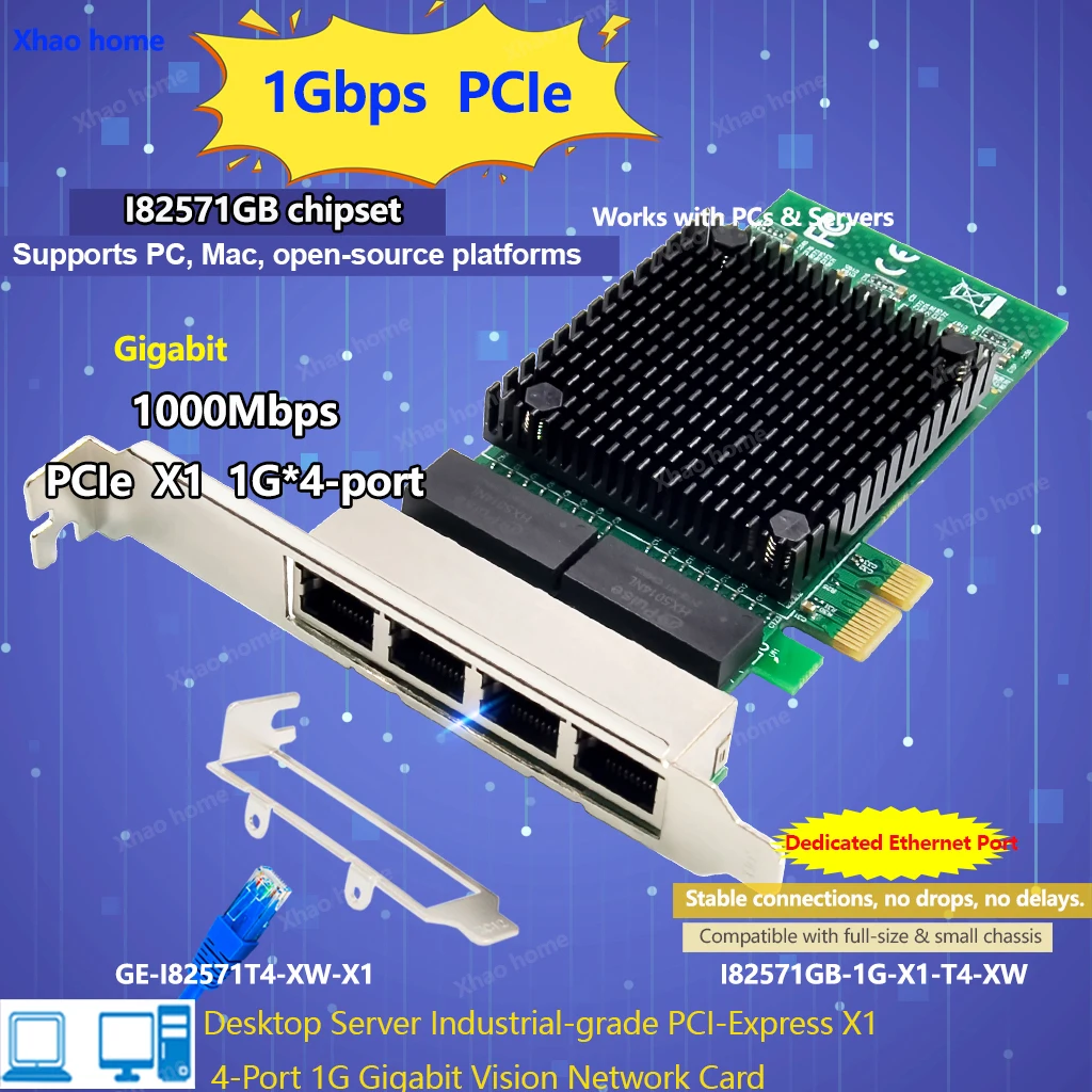 

Четырехпортовая гигабитная сетевая карта PCI-E 1 Гбит/с для Intel I82571GB Chip X1, слот для серверов/настольных ПК для Windows XP/7/8/10/11/Linux