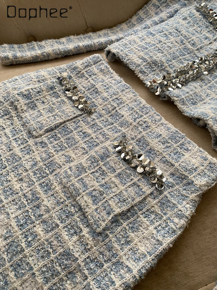 Elegant แฟชั่น High-end Tweed ชุดกระโปรงลายสก๊อตลูกปัดรอบคอ Single-breasted สั้นเสื้อกระโปรงมินิ 2 ชิ้นชุด