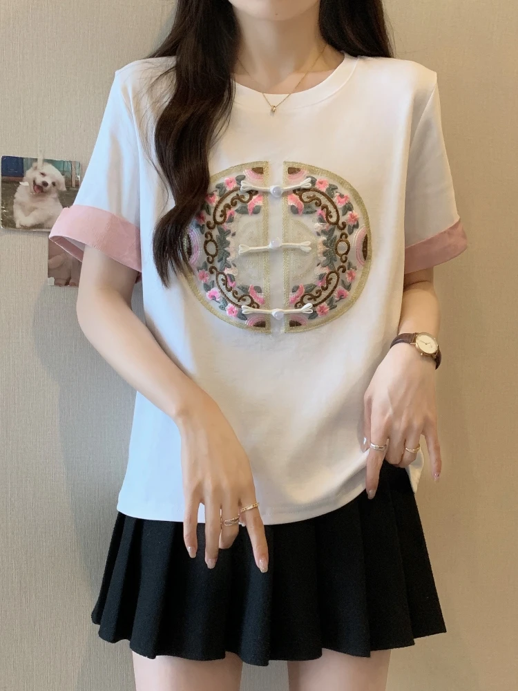 New Chinese Style Short Sleeve T-Shirt Women Summer plus Size Embroidered Base Layer Top with Button Detail Korean Style Stra...