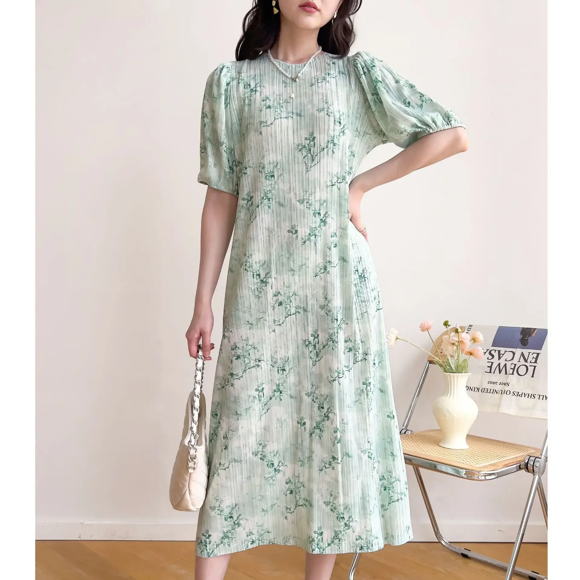 

Pleats Pleated Dress 2025 Summer New High-end Pleated French Idyllic Lantern Sleeve Printed Dress Fashion Women Clothing