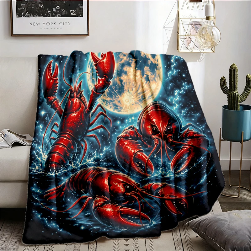 Three Lobster Moon Vintage 90s Graphic Flannel Throw, Retro Lobster Silly Gift, Red Lobster Full Moon Cozy Blanket, Aest