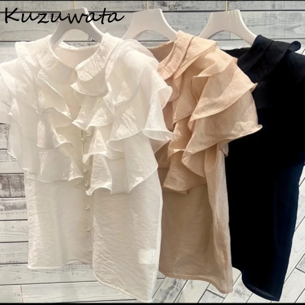 

Kuzuwata Fairy Ruched Casual Ruffles Blouses O Neck Elegant Office Lady All-match Shirt Japan Advanced French Simple Chiffon Top