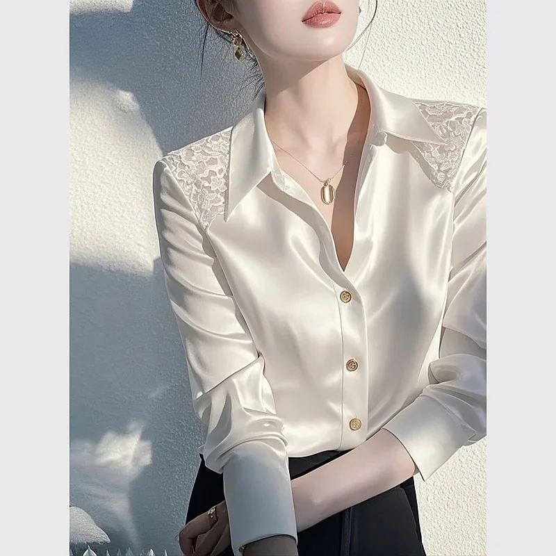 

Satin Women's Blouses Korean Shirts Office Lady Loose Spring/Summer Vintage Clothing Solid Long Sleeve Women Tops