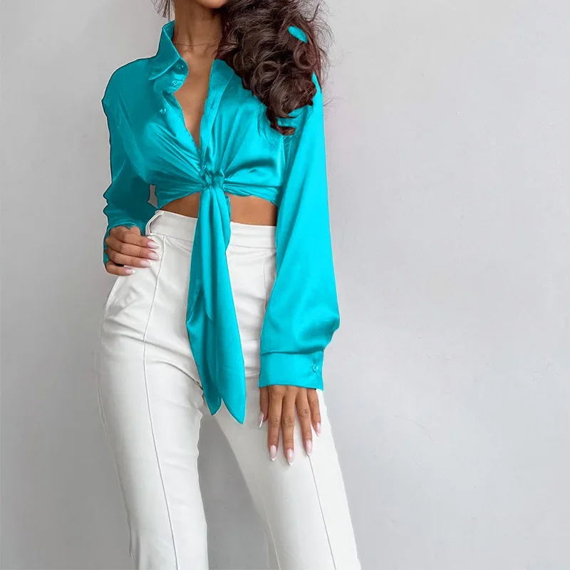 Elegant Soft Satin Silk Women shirt Blouse Solid Color Single Breasted Lace Up Front Crop tops