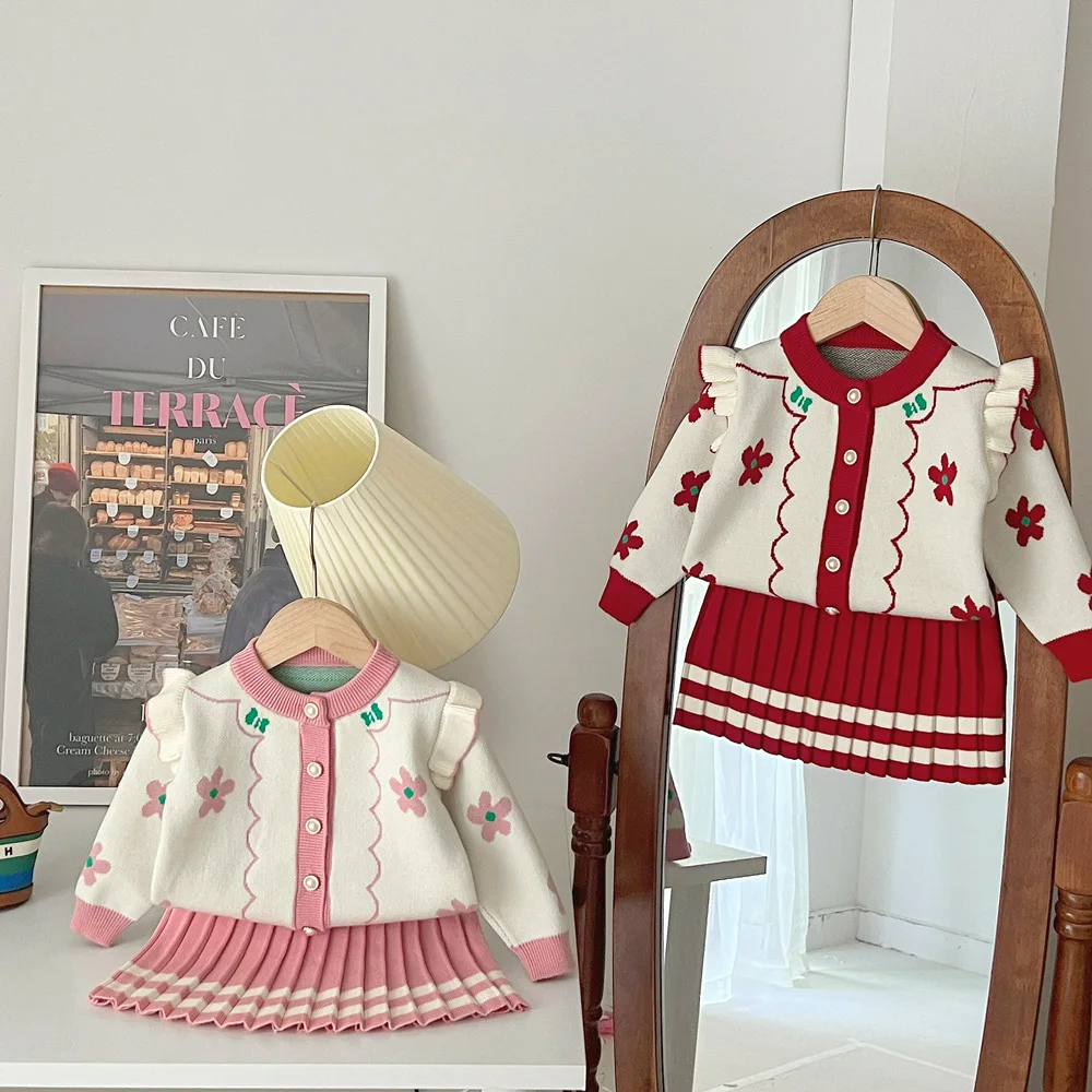 

Girls' Korean Version Woolen Dress Set for Baby Girls New Flower Knit Sweater Cardigan + Pleated Skirt Baby Girl Outfit Set