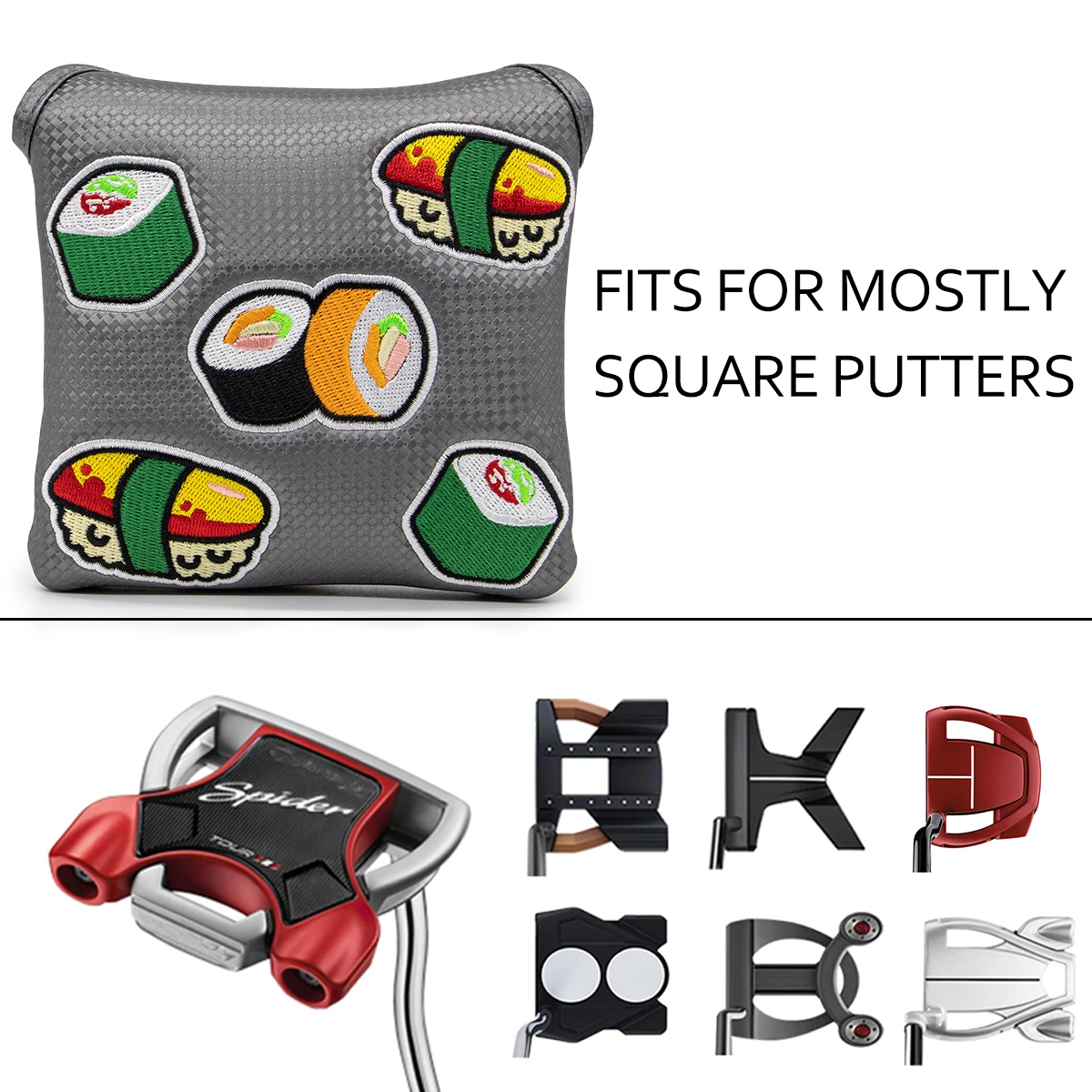 Golf Putter Cover Embroidery Sushi Design Golf Club Head Cover for Putter PU Leather Mallet Putter Cover with Magnetic Closure