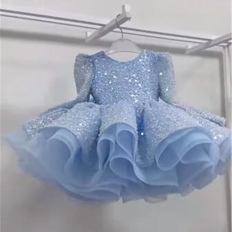 Sequin Light Blue Kids Dress - Tulle Tutu Princess Birthday Host Flower Girl Catwalk Piano Performance Costume