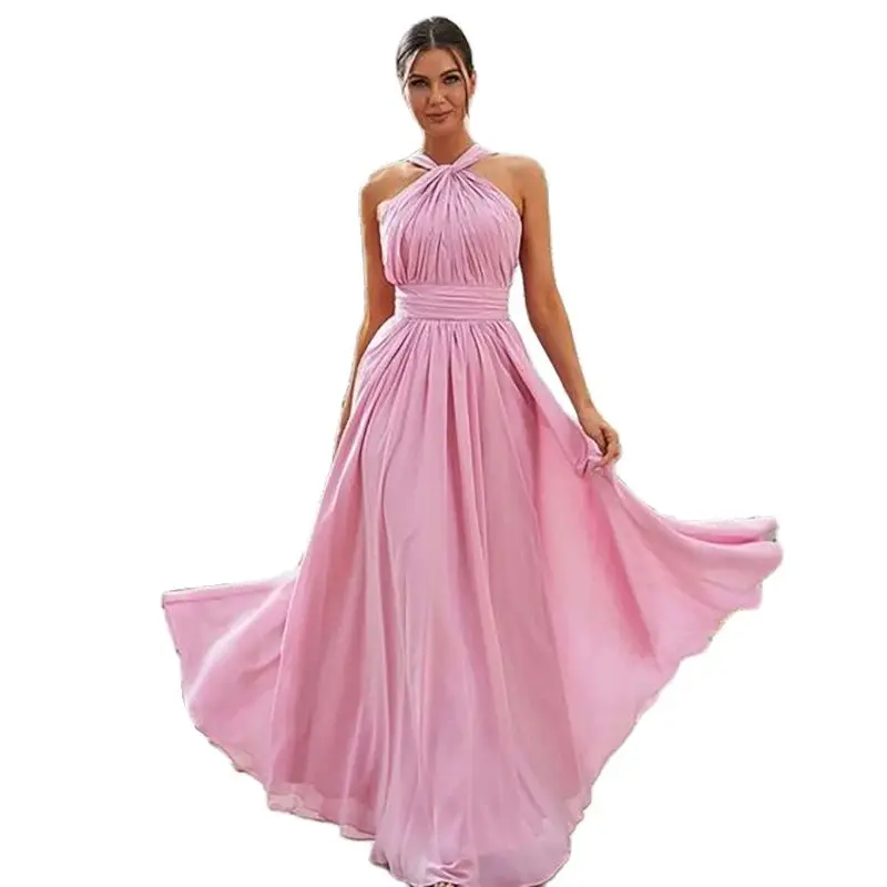 Simple Casual Pink Summer Evening Dress Halter Floor Length Pleat Sleeveless Chic Gown Special Occasion Beach Women Long Dresses