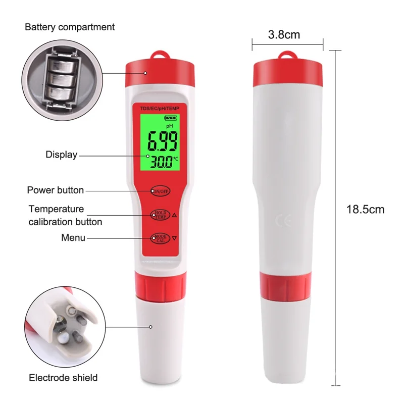 4 In 1 Digital Water Quality Detector PH/TDS/EC/TEMP Multi-Function Tester Pen