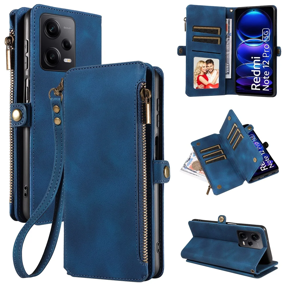 Multi-pocket Leather Wallet Case for Xiaomi 14 14T 13 12 11 Pro Ultra 13T 11T Flip Handbag Strap Zip Pouch Stand Coverage Bumper