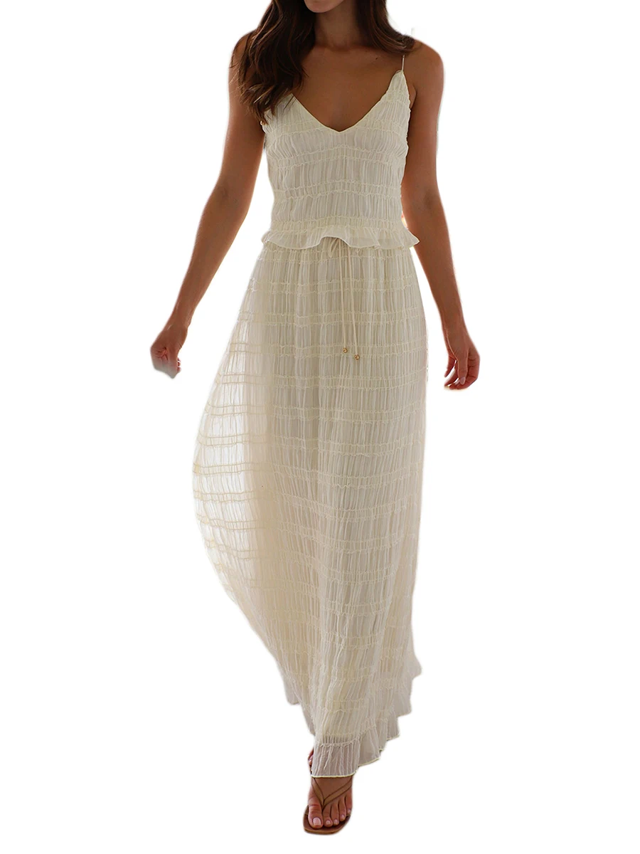 

Women Skirt Set Shirred V Neck Tie Shoulder Cami Tops Drawstring Long Skirt 2 Piece Outfit