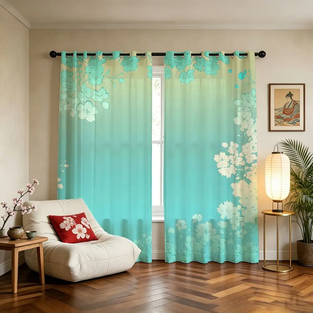 Mint Cherry Blossom Printed Curtains 2 Panels Light Blocking Rate 85% Darkening Decoration Curtains Girly Ins Room Window