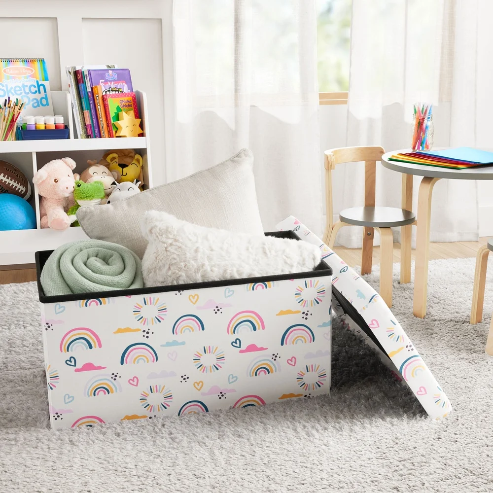 

Foldable Collapsible Toy Storage Bin Kids Room Rainbow Hearts Design Spacious Chest Organizes Toys Books Blankets