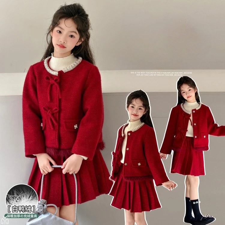 4-14 French design teen girls clothes set Pearl collar Down coat+pleated skirt 2pcs junior kids skirts suit child outfits