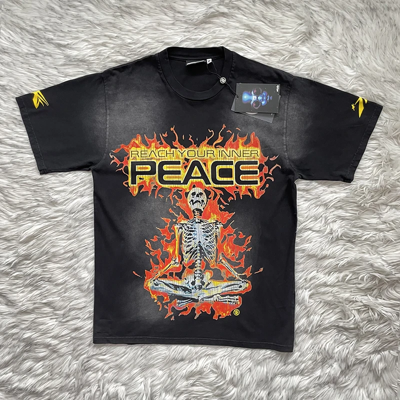 Hellstar Studios Reach Your Inner T Skull Heavy Craft Washed Short Sleeve Pure Cotton T-Shirt Youth Summer Fashion round Neck