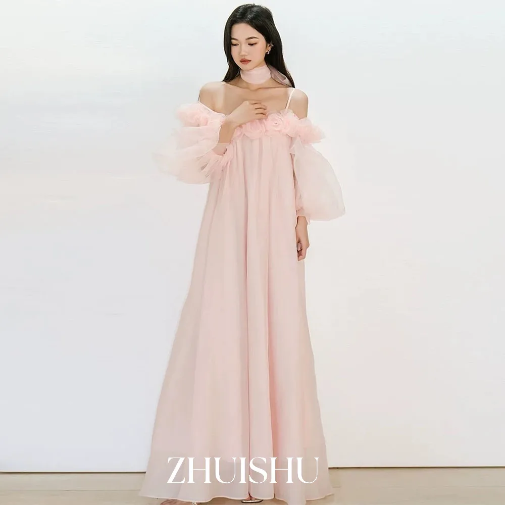 ZHUISHU Pink Evening Dresses Handmade Flowers Korean Wedding Snap Dresses Spaghetti Strap Puff Sleeve Prom Party Gown Customized